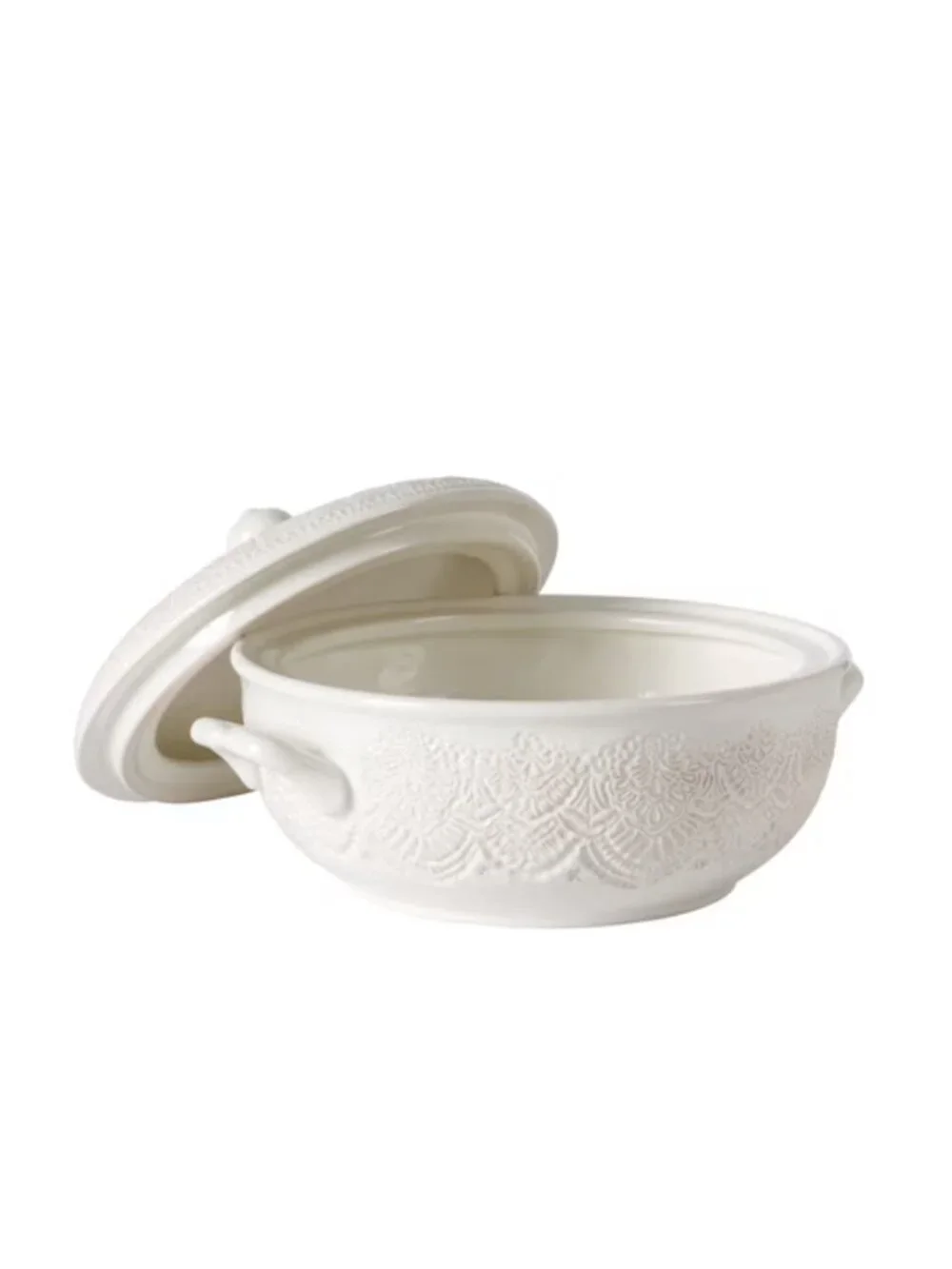 The Woman Pioneer Home Off-White Intricate Vintage Lace Linen Stoneware Tureen